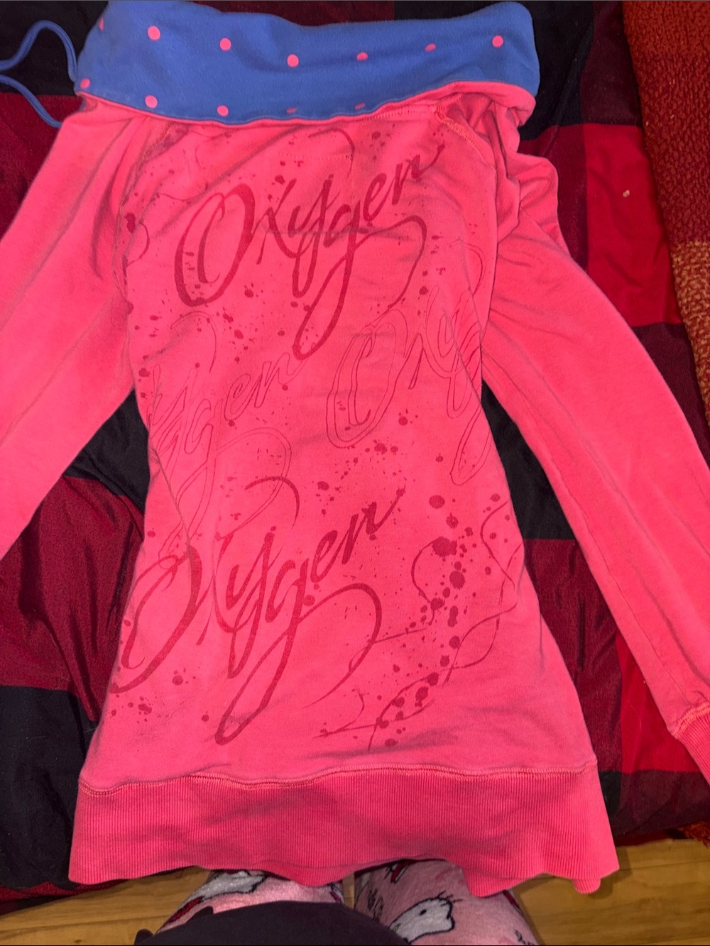 Oxygen 2000s Pink Hoodie with Blue Polka-Dot Cowl Neck - Picture 3 of 4